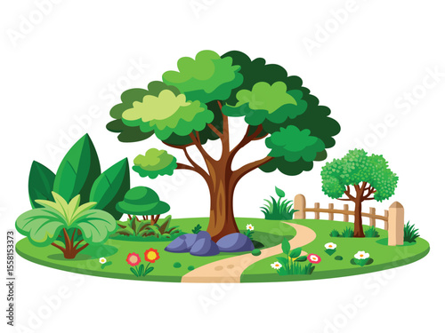 Vibrant cartoon park scene with trees flowers path and fence isolated on white background
