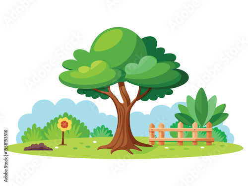 Stylized cartoon landscape with a large green tree a wooden fence and a flower isolated on white background
