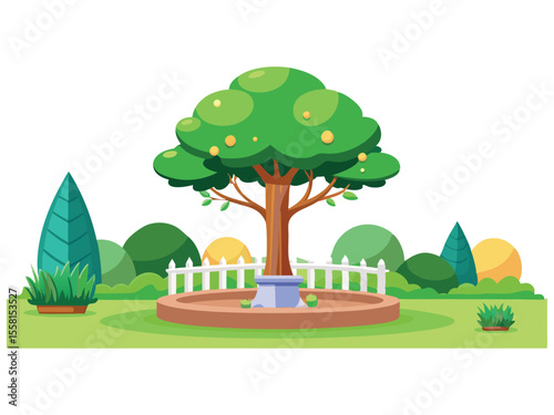 Stylized cartoon fruit tree with yellow fruits and green foliage in a garden setting isolated on white background
