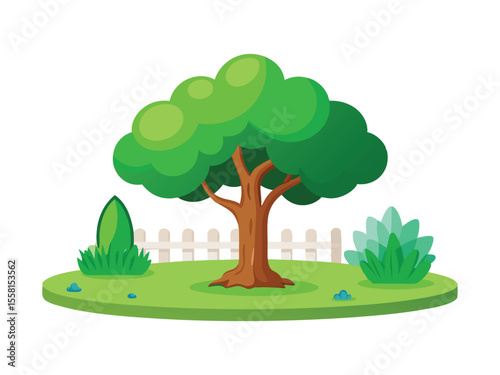 Stylized cartoon tree with green foliage and brown trunk in a grassy garden with a white picket fence and bushes isolated on white background
