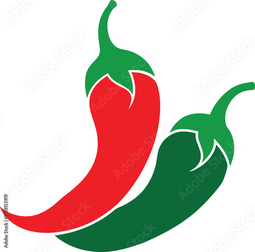 Two stylized chili peppers red and green isolated on white background