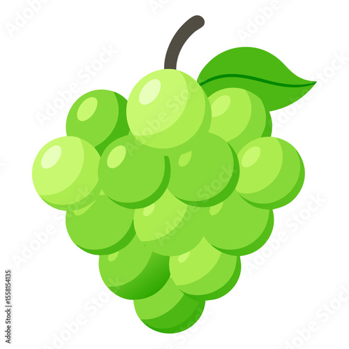 a green grape cluster with a brown stem and a single green leaf, featuring rounded grapes with glossy highlights in various shades of green.