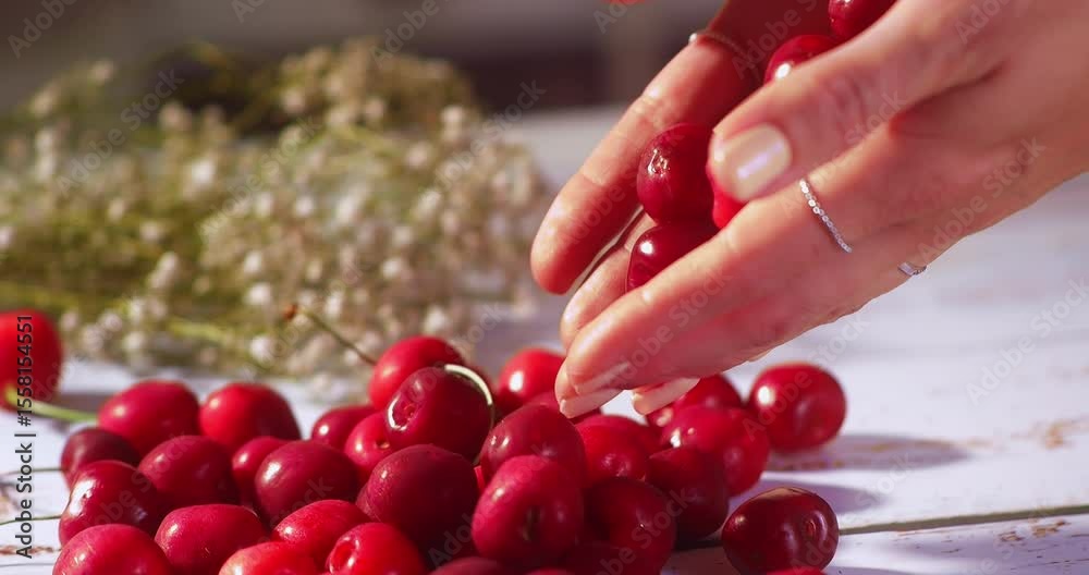 Ripe red cherries cascade in slow motion from a polished woman hand onto a white rustic table, with soft floral decor in the background adding a peaceful, summery atmosphere.