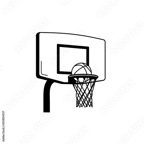 Simple Line Drawing: Basketball Hoop, Minimalist Design, Clean Aesthetic, Sport Equipment Illustration.