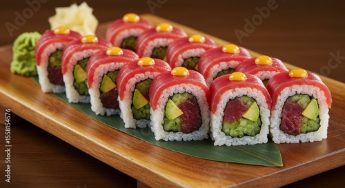 Fresh and Colorful Sushi Rolls on Wooden Plate Garnished with Wasabi and Ginger