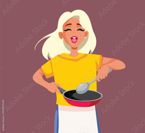 Happy Cheerful Woman Cooking in a Pan Vector Cartoon Illustration. Home cook stirs with a spoon through the pan and prepares food

