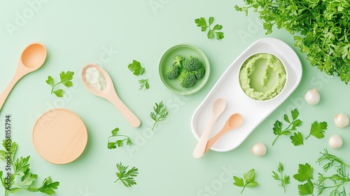 A cozy baby food prep station featuring miniature utensils, trays of mashed veggies, and soft textures, evoking a sense of care and homey warmth