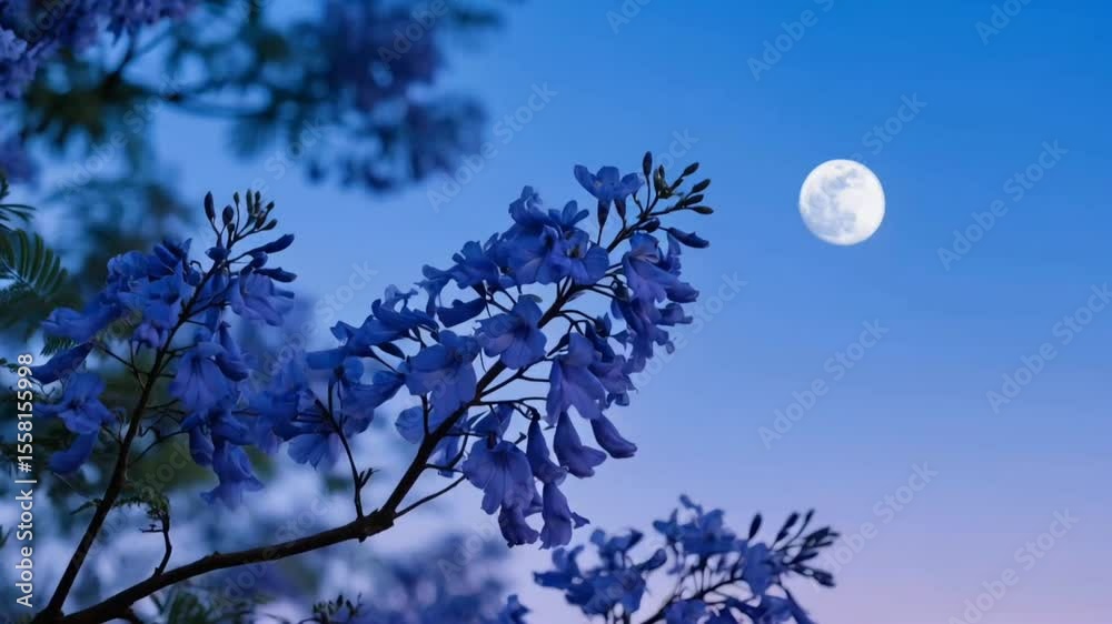 A branch of beautiful purple jacaranda flowers against a bright full moon and deep blue twilight sky. A serene and magical floral night scene.