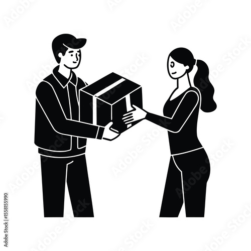 Delivery man handing a package to a woman in black and white