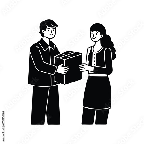 Delivery man gives package to a happy customer in a minimalist style