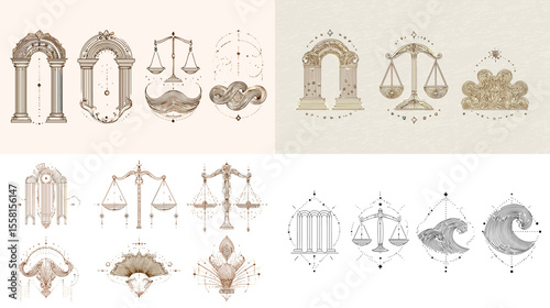 Elegant hand-drawn Libra zodiac scales and symbolic elements in celestial style, ideal for astrology content, tarot illustrations, or spiritual-themed designs.


