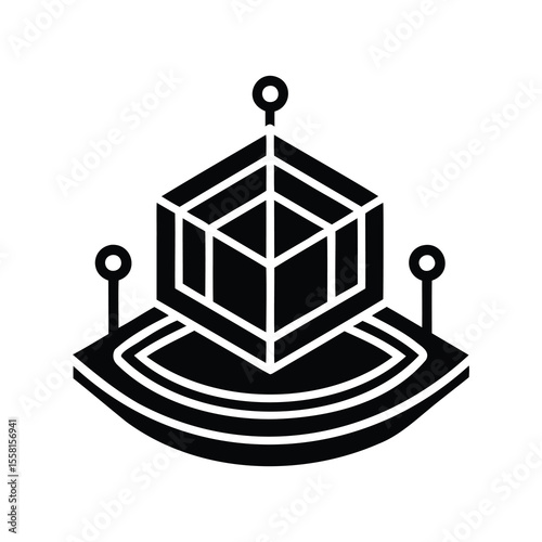 Futuristic floating technology cube with sensors and circular base platform design