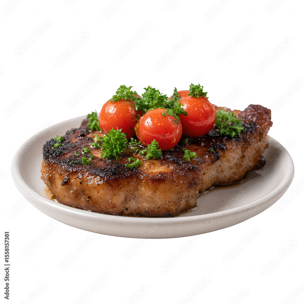 Grilled pork chop topped with fresh cherry tomatoes and garnished with parsley, served on a classic white plate. Grilled pork chop topped with fresh cherry tomatoes and garnished with parsley, served on a classic white plate.