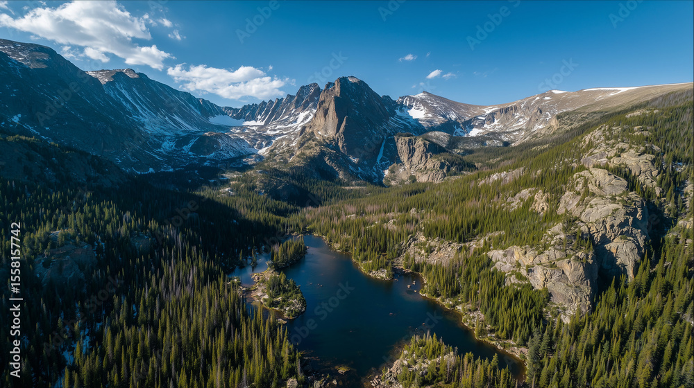 Obraz premium Aerial drone view of Rocky Mountain National Park with majestic peaks, green forest, and clear sky, showcasing stunning natural landscape and outdoor wilderness beauty.