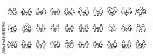 Family Icon Set. Containing parents, children, couple, love, group, relationship, community, household, and human icons. Solid icon collection.