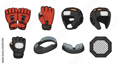 Illustrated set of boxing gloves, headgear, mouthguard, and fighting ring.