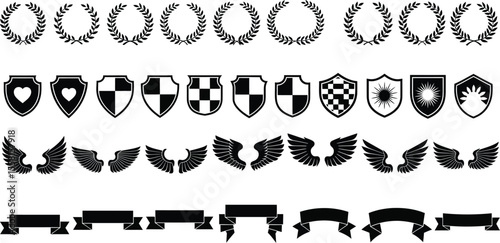 Vector laurel wreaths shields wings and banners set for heraldry design elements graphic assets