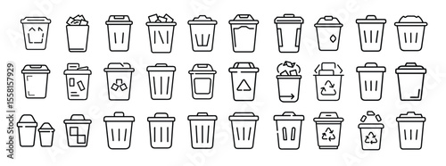 Trash Bin Icon Set. Containing garbage, delete, waste, recycle, remove, dustbin, bin, disposal, and rubbish icons. Solid icon collection.
