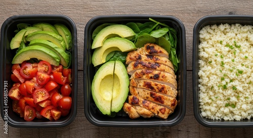 Healthy Meal Prep with Grilled Chicken, Avocado, Spinach, Cherry Tomatoes, and Couscous in Black Containers