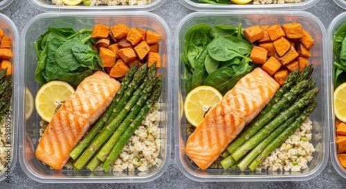 Healthy Meal Prep Containers with Salmon, Sweet Potato, Asparagus, Spinach, and Lemon on a Gray Background