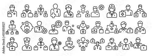 Medical and Healthcare Professional Icon Set. Containing doctor, nurse, surgeon, medical team, health staff, clinic workers, healthcare network, and hospital icons. Solid icon collection.