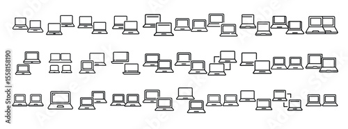 Laptop Icon Set. Containing notebook, computer, device, portable screen, monitor, digital gadget, technology, and internet icons. Solid icon collection.