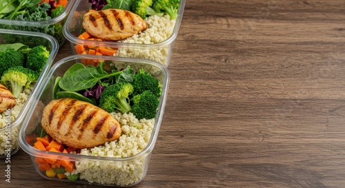 Healthy Meal Prep with Grilled Chicken, Quinoa, Vegetables in Clear Containers on Wooden Table