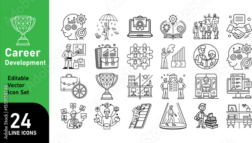 Editable EPS10 Line Art Vector Set – 24 Career Development and Growth Icons in Minimal Outline Style for Business, Coaching, and Success Concepts