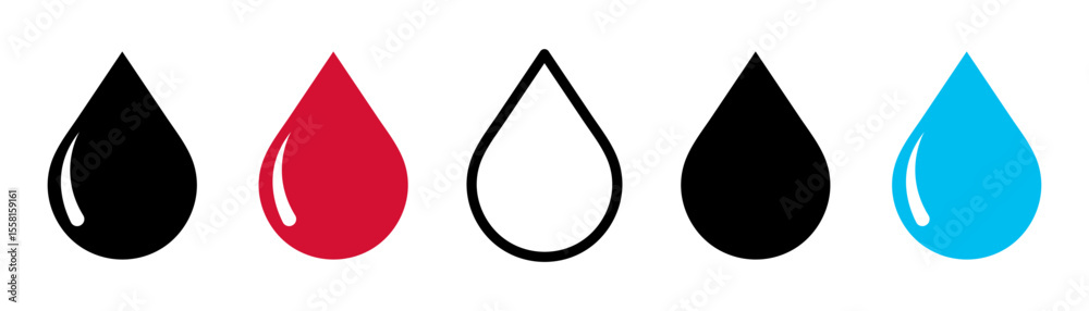 Simple water, blood and oil drop icon set in different outlines. Drop icon vector set. Blood, water, oil and ink drop icons vector design template. Liquid drop Vector illustration. Editable stroke