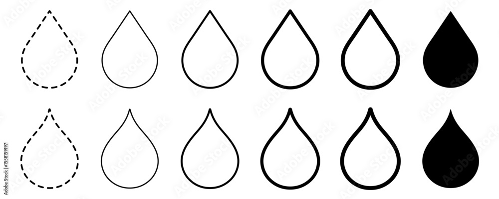 Simple water, blood and oil drop icon set in different outlines. Drop icon vector set. Blood, water, oil and ink drop icons vector design template. Liquid drop Vector illustration. Editable stroke