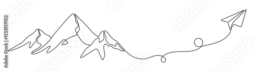 Paper plane and mountain in One Continuous line drawing. Minimalistic concept of world travel and international flight airline in simple linear style. Editable stroke.