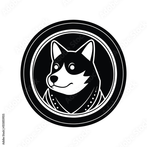 Monochrome Shiba Inu Dog in Circular Frame with Stylish Collar Vector