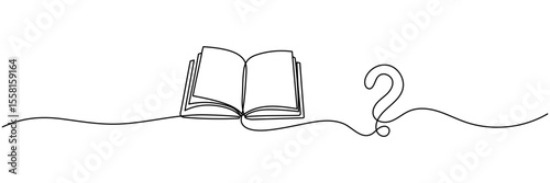 Open book and question mark one continuous line drawing. Vector illustration isolated on white. Editable stroke