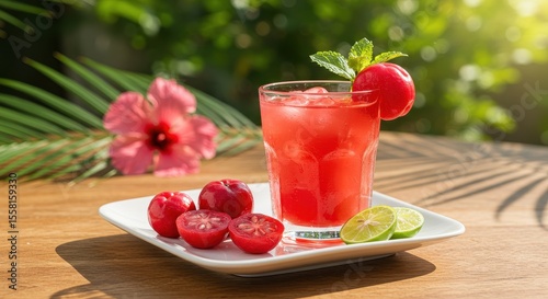Refreshing Fruit Beverage with Cherry and Lime Garnish Surrounded by Tropical Elements on a Wooden Table