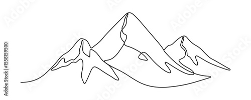 One continuous line drawing of mountain silhouette range landscape. Web banner with mounts in simple linear style. Editable stroke
