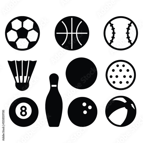 Collection of nine sport balls and equipment icons isolated on white background