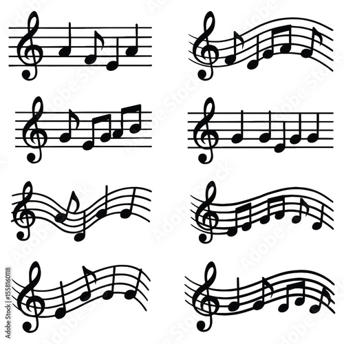 Collection of musical notes and staves isolated on white background