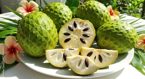 Fresh and Healthy Cherimoya Fruit Displayed on a White Plate Surrounded by Green Leaves and Exotic Flowers in a Bright Natural Setting