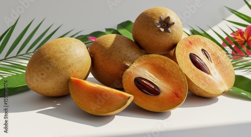 Fresh and Juicy Sapodilla Fruits with Exotic Green Leaves and Vibrant Flowers on a Bright Surface