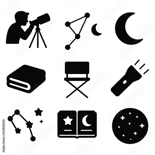 Collection of astronomy icons and symbols isolated on white background