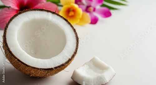 Fresh Coconut Half with Tropical Flowers, Sliced Coconut Meat, White Texture, Natural Elements, Exotic Presentation, Relaxation, Vacation Vibes, Culinary Uses