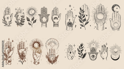 Mystical hand symbols with celestial, plant, and energy motifs in vintage and spiritual style, ideal for tattoo art, esoteric branding, or metaphysical content.

