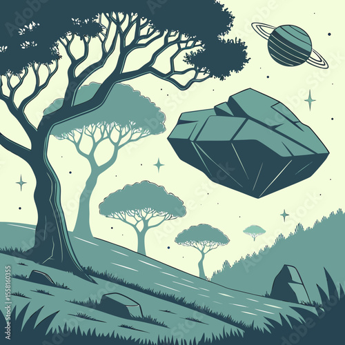 Illustration of a landscape with trees a floating rock and saturn in a dreamy and surreal style