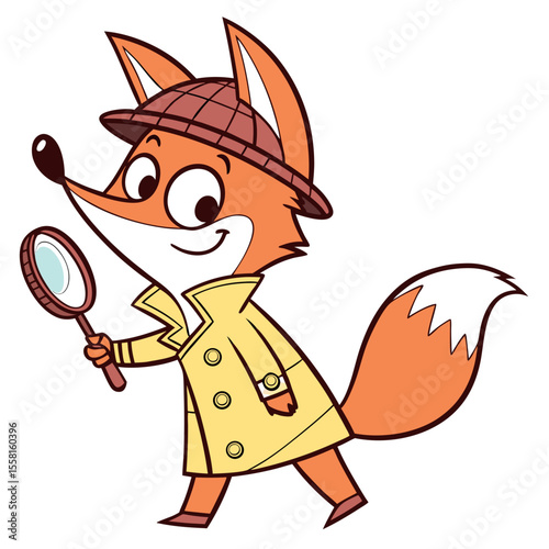 Cartoon fox detective wearing a hat and coat holding a magnifying glass on a white background image