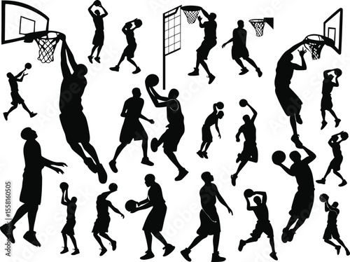 Basketball player dunk silhouette vector set dynamic poses