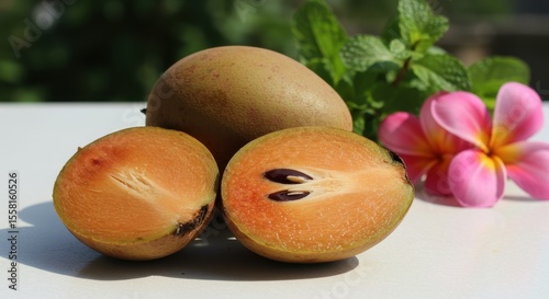 Fresh Sapodilla Fruit Halved with Mint Leaves and Plumeria Flower on Background, Juicy Tropical Delight for Healthy Diet and Cooking