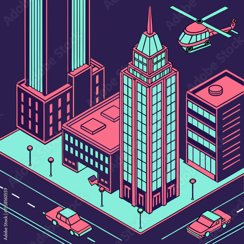 Isometric city landscape with tall buildings cars and a helicopter in the sky above the city