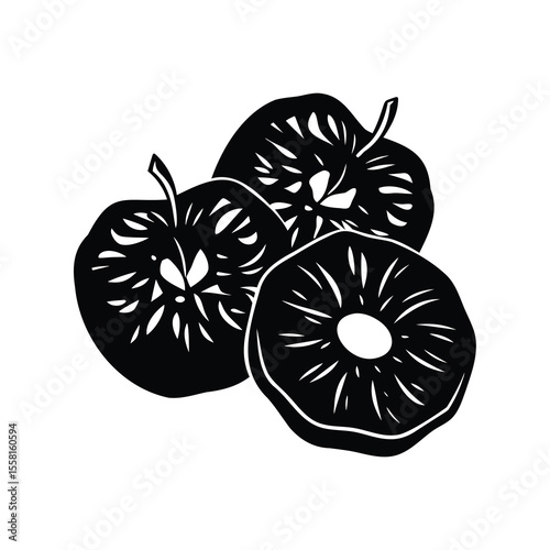 Stylized black and white illustration of three dried apple rings on white
