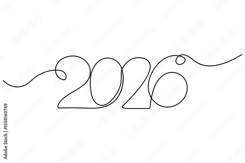Fototapeta premium 2026 continuous one line vector drawing in handwritten calligraphy style on white background 