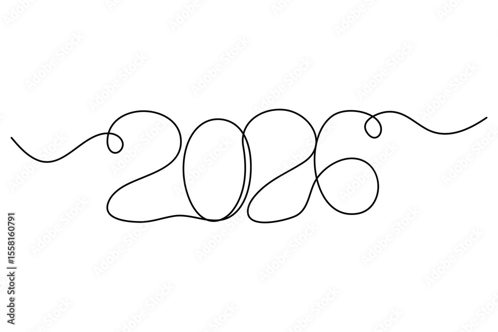 Fototapeta premium 2026 continuous one line vector drawing in handwritten calligraphy style on white background 